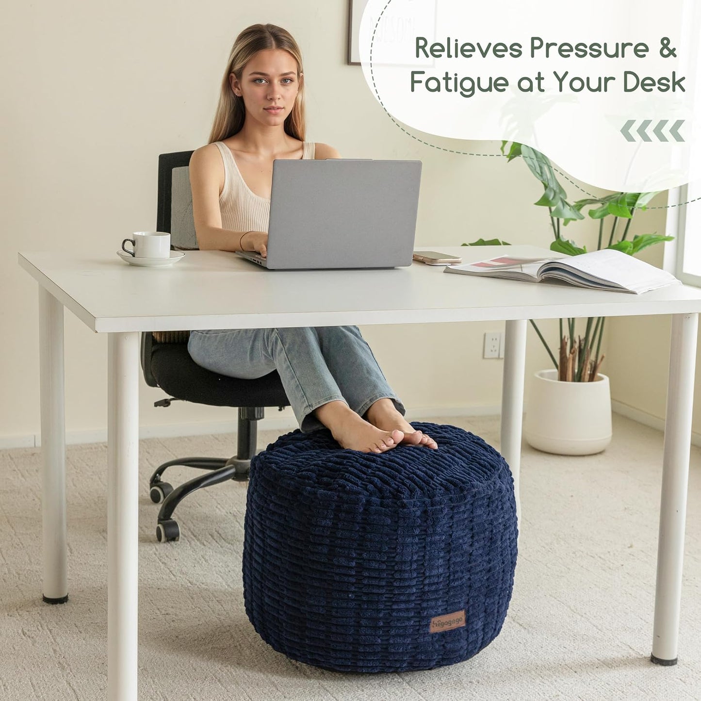 HIGOGOGO Pouf Ottoman Stuffed Round Modern Foam Filled Foot Rest Poufs for Living Room Chair Decorative 20 X 15 Inches Boho Relax Stool for Wedding Christmas Party, Beige