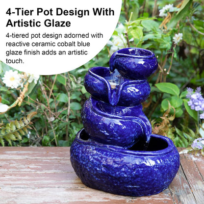 Glitzhome Ceramic Tabletop Tiered Water Fountain with Pump and LED Light 8.75'' Turquoise Leaf Textured Water Fountain Zen Decor for Indoor and Home Decoration Table Desk Office Patio