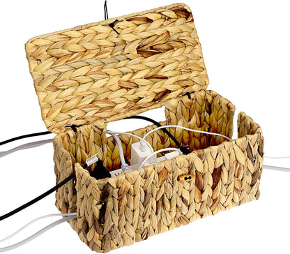 BTSKY Woven Cable Management Box with Lid Water Hyacinth Cord Organizer, S