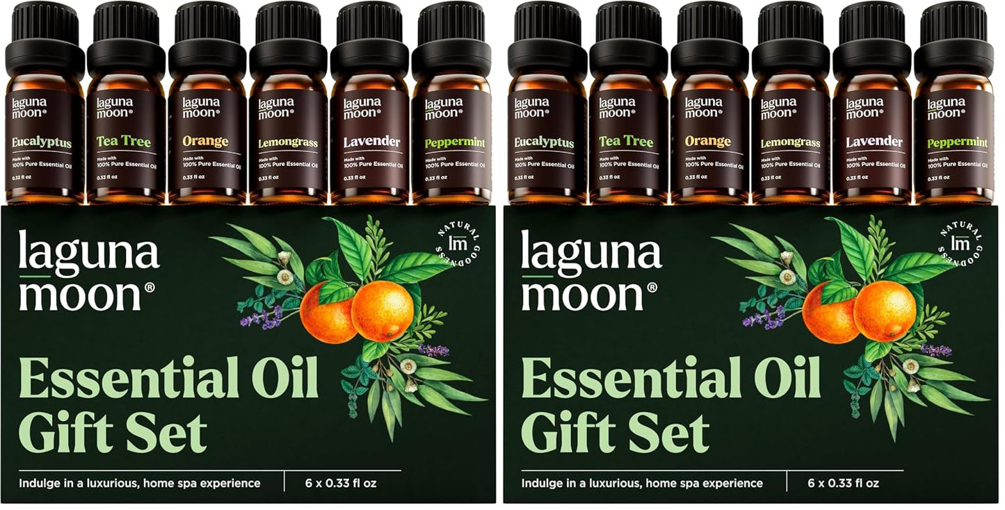Lagunamoon Essential Oils Aromatherapy Set - 6 Oils for Diffusers, Home Care, Candle Making Scents, Fragrance, Humidifiers, Gifts - Peppermint, Tea Tree, Lavender, Eucalyptus, Orange (10mL)