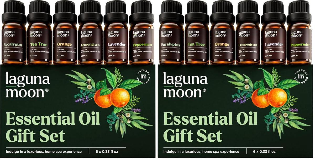 Lagunamoon Essential Oils Aromatherapy Set - 6 Oils for Diffusers, Home Care, Candle Making Scents, Fragrance, Humidifiers, Gifts - Peppermint, Tea Tree, Lavender, Eucalyptus, Orange (10mL)