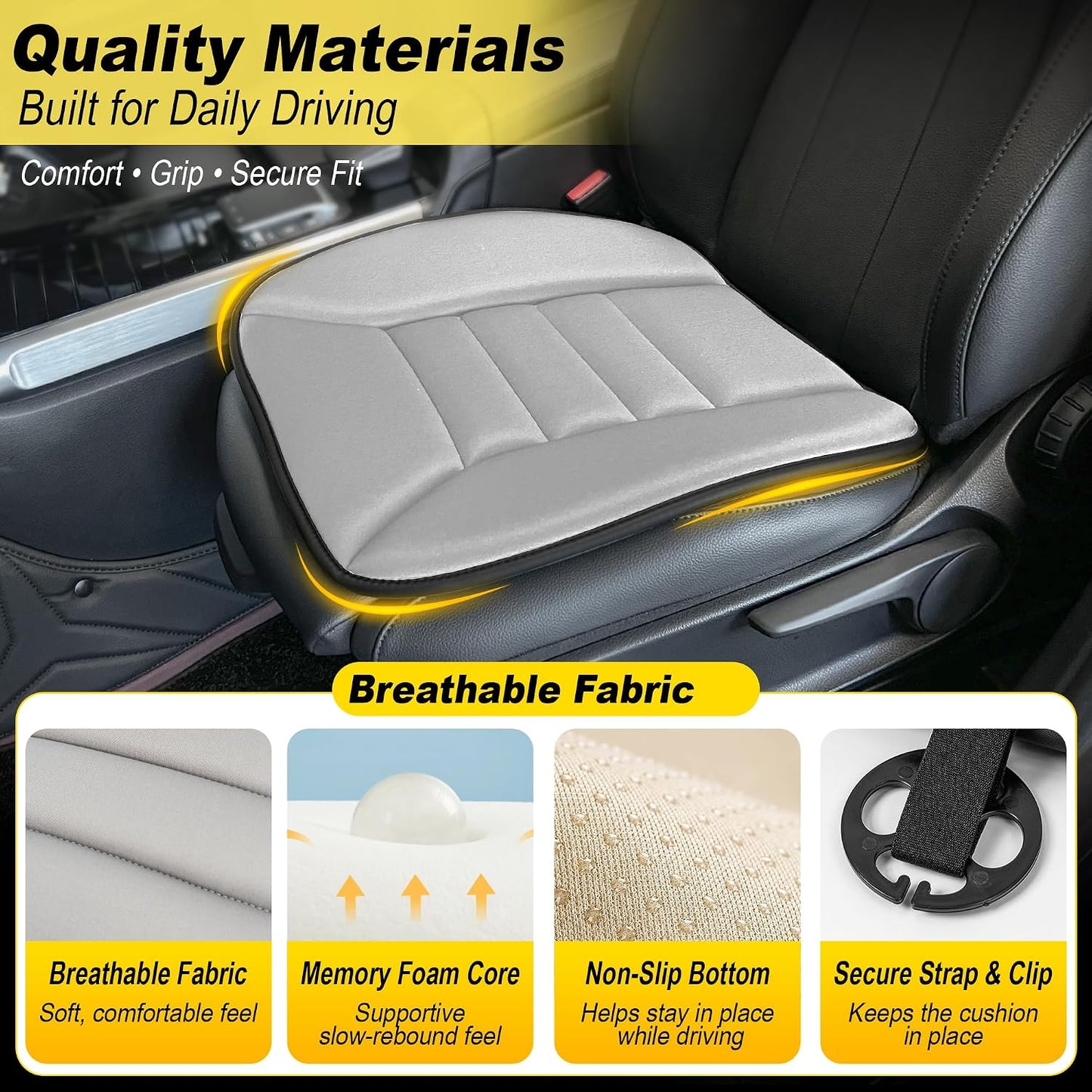 kingphenix Car Seat Cushion with 1.2inch Comfort Memory Foam, Seat Cushion for Car and Office Chair (Black)