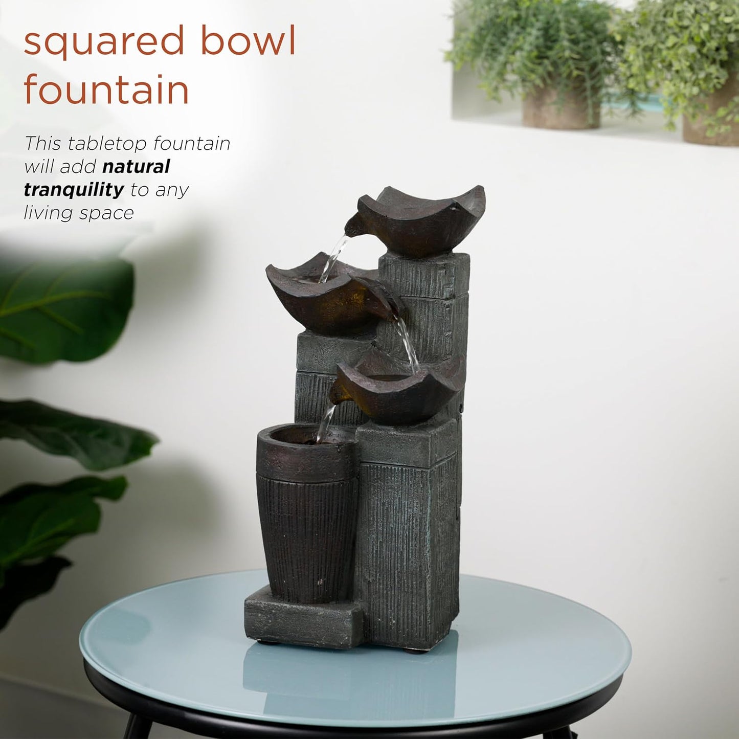 Alpine Corporatio 14" Tall Stoned Jar Cascading Water Fountain with LED Lights, Elegant Tabletop Water Feature for Home, Office, Living Room, and Bedroom Decor, Gray