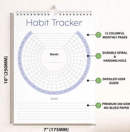 Habit Tracker Calendar (Undated 12 Month) with Silver Spiral Bound and Hanger, 7"x10" Habit Planner, Daily Weekly and Monthly Habit Tracker Journal, Habit Calendar, Colorful Layout.