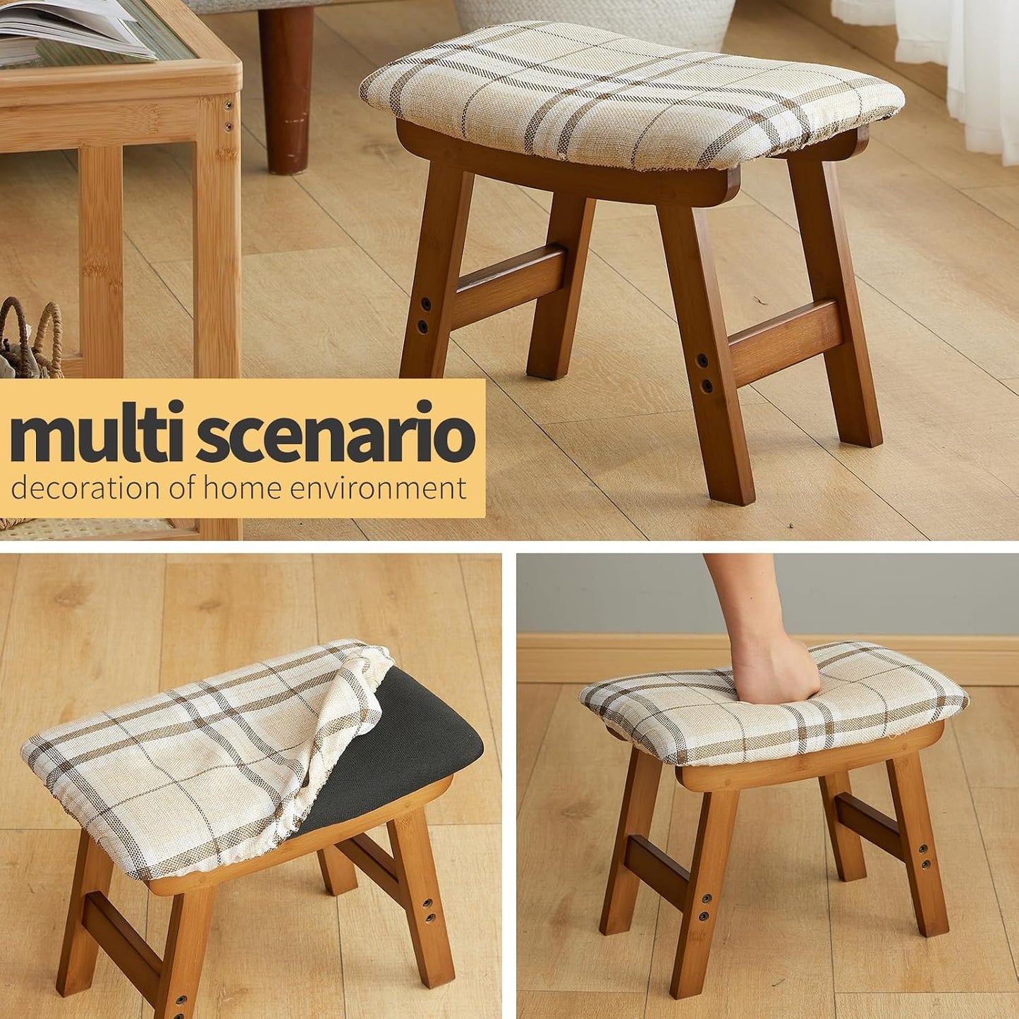 Foot Stool Ottoman Foot Rest Under Desk,Small Stool for Living Room, Bedroom and Kitchen (Brown Legs - Beige Stool Surface)