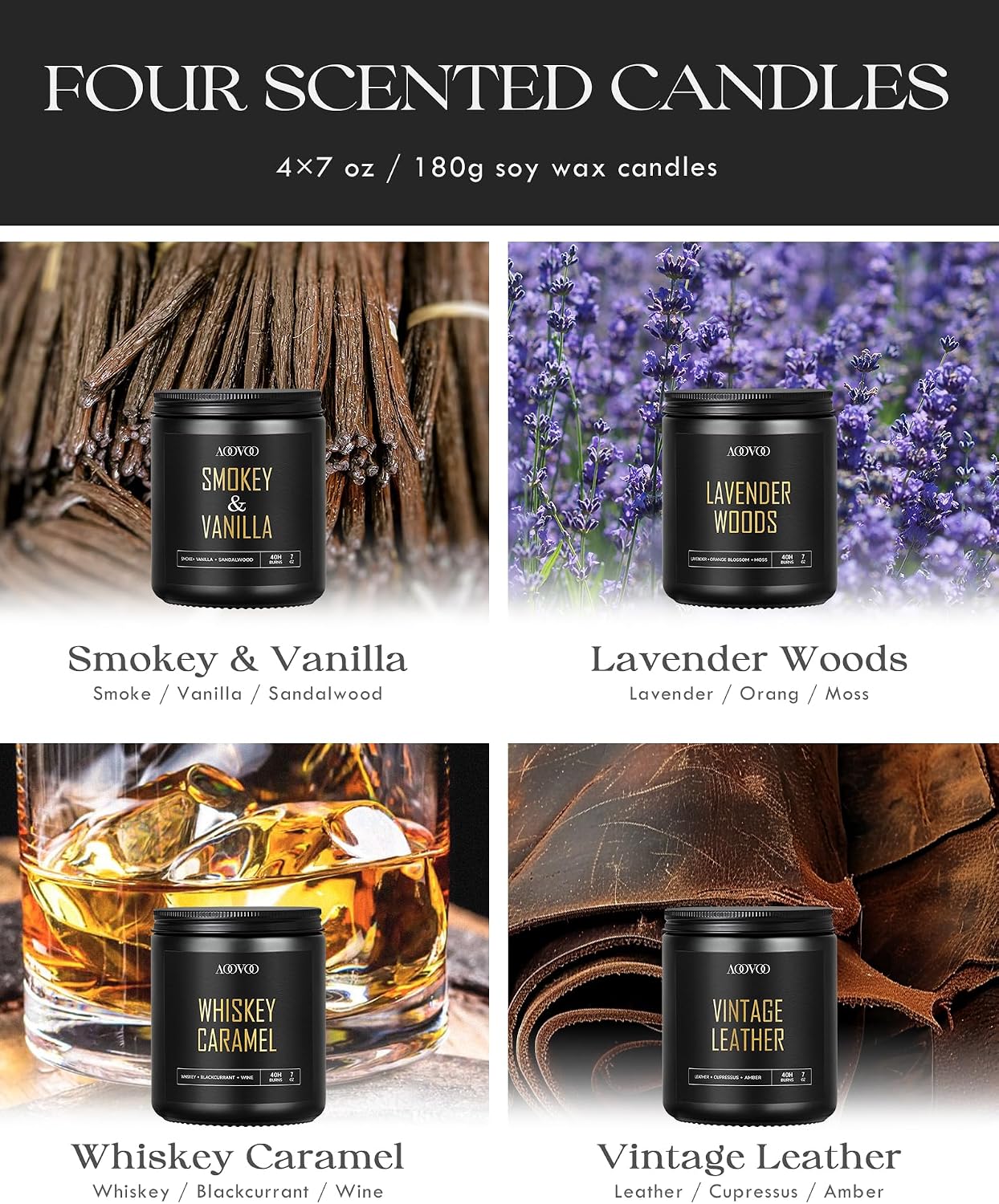AOOVOO Scented Candles for Men - 4 Pack Candles for Home Scented, 36oz Soy Wax, 200 Hour Burn Time, Men Candle Set, Sandalwood Oud/Mahogany Teakwood/Smoke Vanilla/Jasmine Candle Set A
