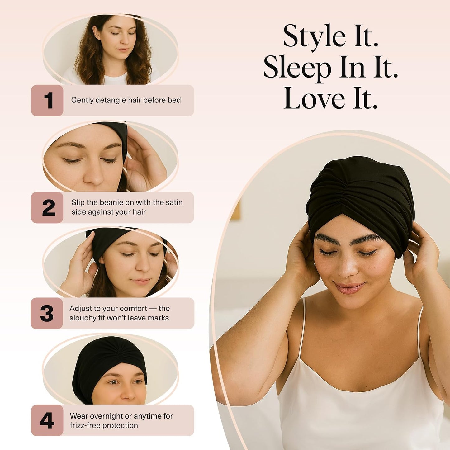 Kitsch Satin Lined Beanie - Softer than Silk Beanie For Sleeping Women, Breathable Hair Cover for Sleeping, Slouchy Beanies, Bonnets for Women, Hair Wrap, Reduce Breakage for Frizz-free Hairs - Black