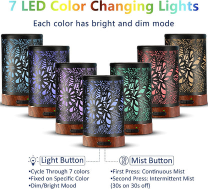 EQUSUPRO Essential Oil Diffuser 300ml Metal Electric Ultrasonic Diffuser for Large Room with Auto Shut-Off, 4 Timer Setting &7 Colors Night Light for Home