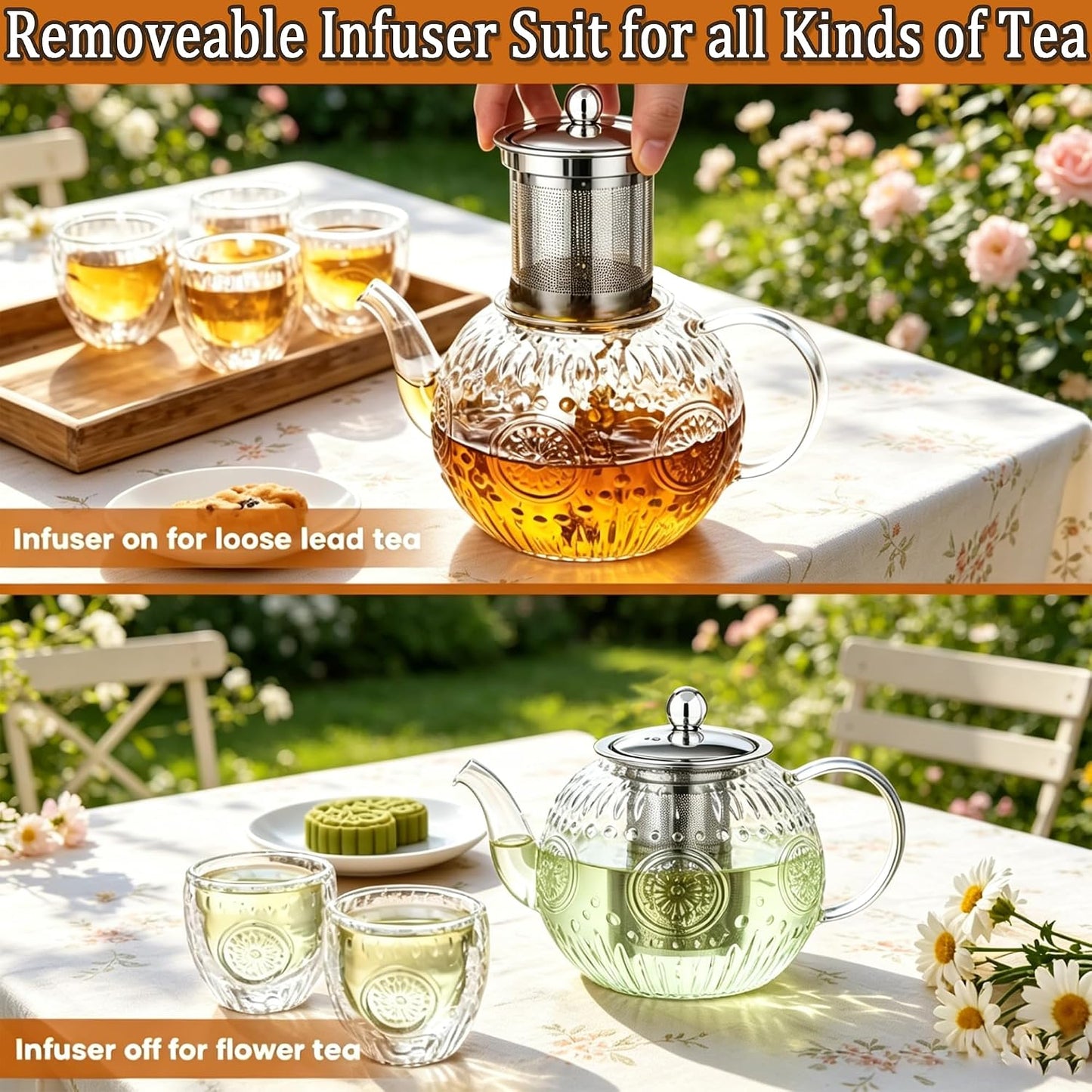 Amzcku 50OZ/1500ml Vintage Glass Teapot with Removable Infuser – Stovetop Safe, Borosilicate Glass Tea Kettle for Blooming & Loose Leaf Tea