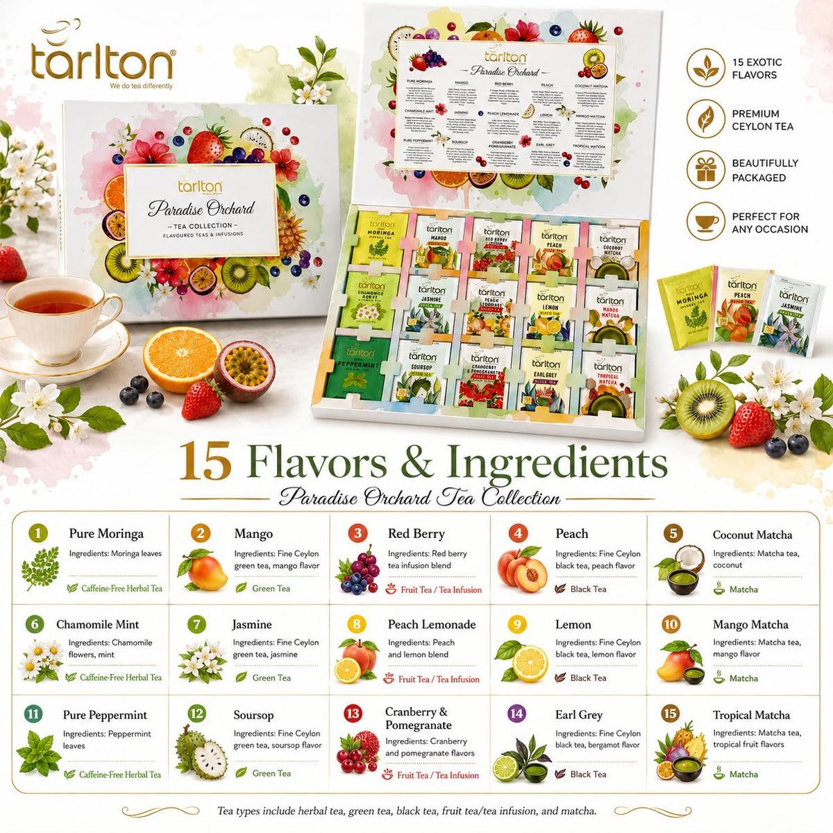 Tea Gift Box Set, 105 Individually Wrapped Tea Bags 15 Flavors Variety Pack