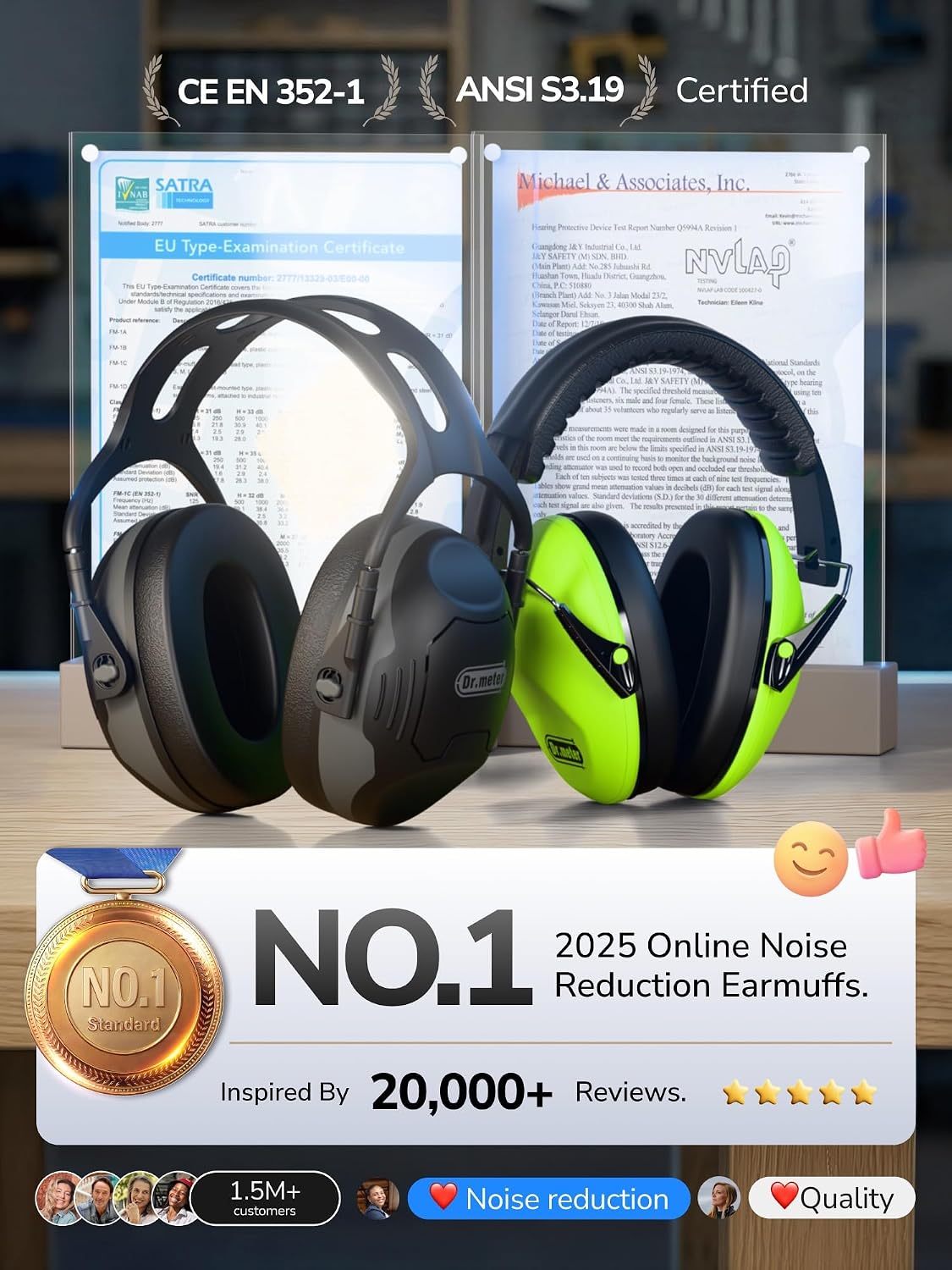 Dr.meter Ear Protection Ear Muffs, Noise Cancelling Headphones for Adults Kids 31dB Earmuffs for Noise Reduction, Hearing Protection for Shooting Gun Range, Mowing, Monster Jam, Sensory, Fireworks