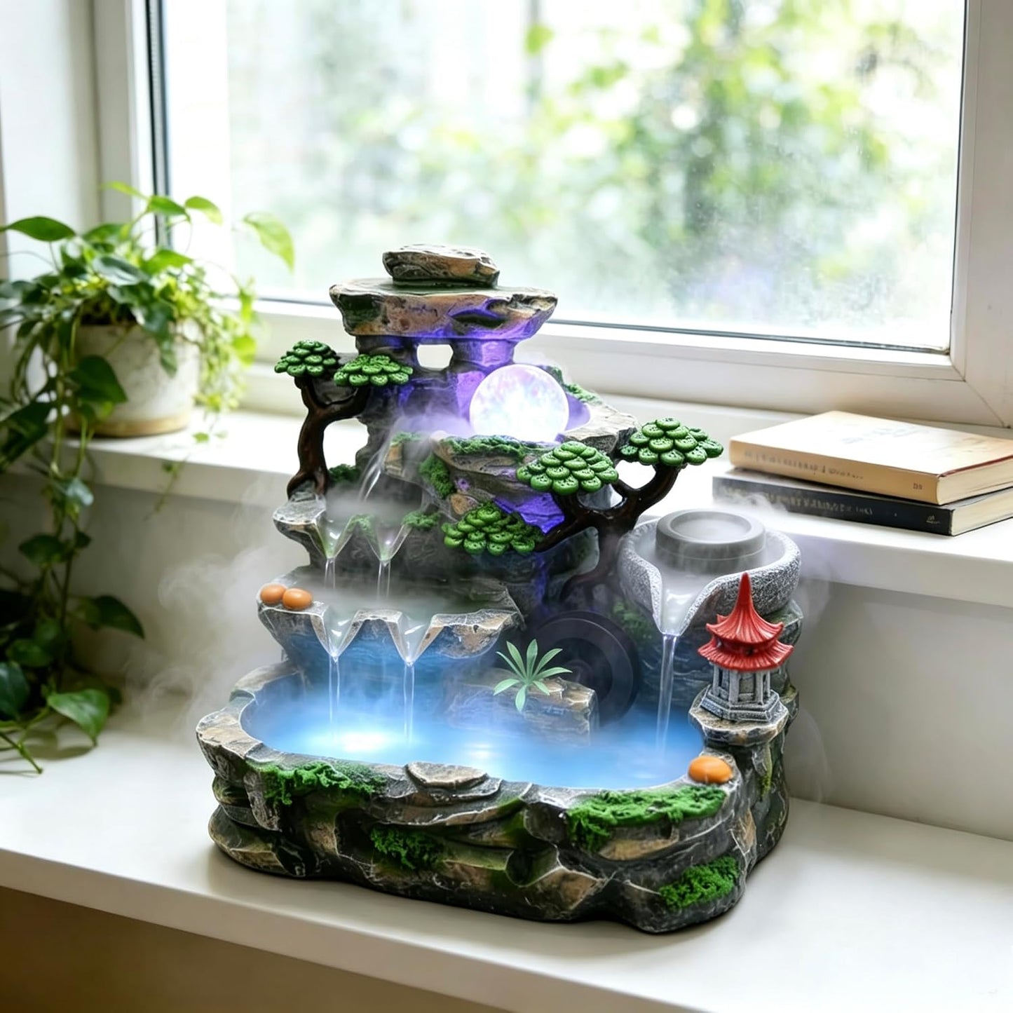 Mini Artificial Bonsai Tree Waterfall Fog Feature Rock Tabletop Fountain | 11in Desktop Decor Waterfall Fountain W/ Water Pump& Atomizer&LED Lights &Fake Tree Office Bedroom Relax