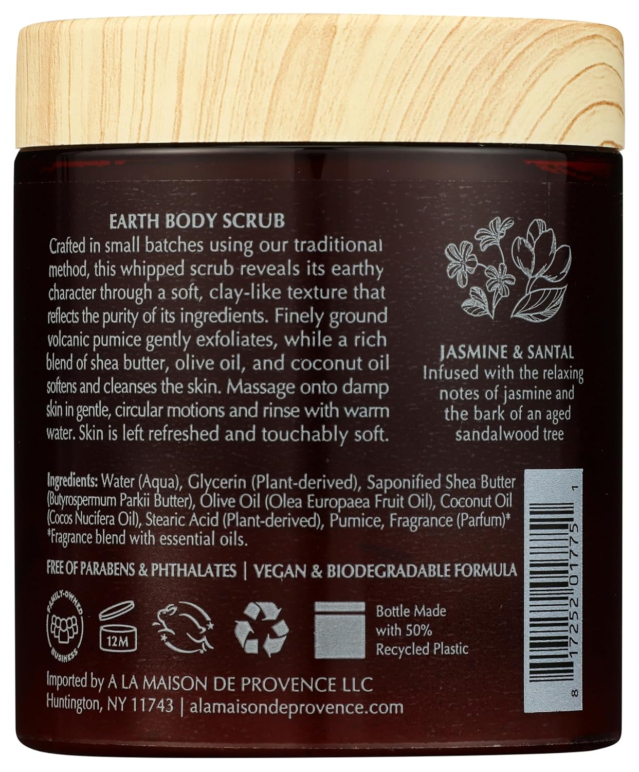 A LA MAISON Earth Body Scrub Amber Collection Natural Pumice Scrub with Shea Butter & Olive Oil – Gently Exfoliates & Softens Skin – French Formula – Plant-Based – 7 oz (Jasmine & Santal)