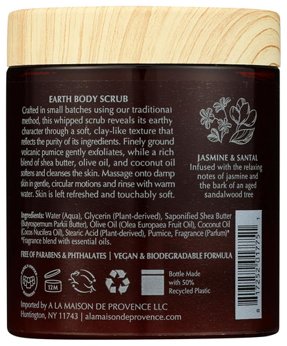 A LA MAISON Earth Body Scrub Amber Collection Natural Pumice Scrub with Shea Butter & Olive Oil – Gently Exfoliates & Softens Skin – French Formula – Plant-Based – 7 oz (Jasmine & Santal)