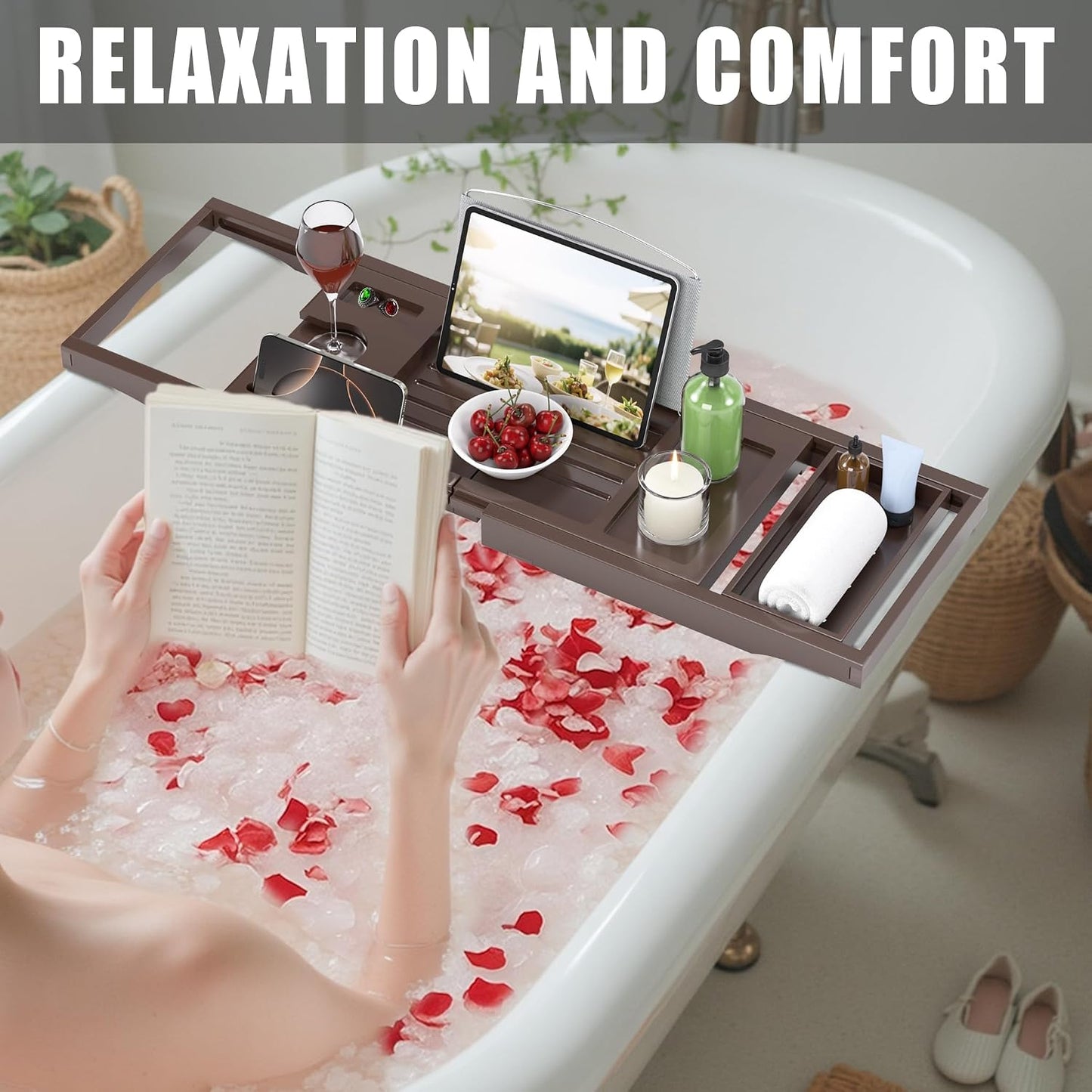 Foldable Bathtub Caddy Tray for Tub,Bamboo Expandable Bath Table Trays,Premium Bathroom Accessories for New Home & Mothers Day & Birthday Gifts for Couples,Natural