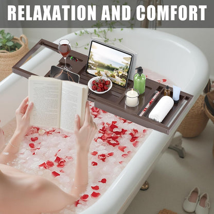 Foldable Bathtub Caddy Tray for Tub,Bamboo Expandable Bath Table Trays,Premium Bathroom Accessories for New Home & Mothers Day & Birthday Gifts for Couples,Natural