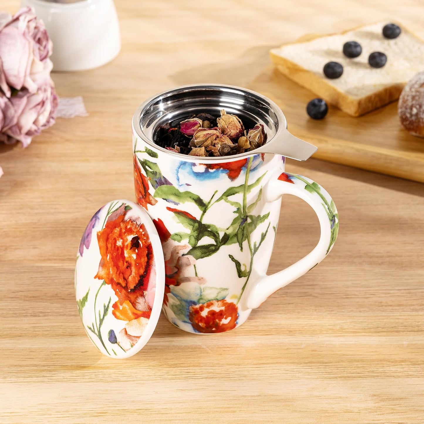 GBhome Tea Mug with Infuser and Lid, 18 Ounce Large Ceramic Loose Leaf Cup, Microwave, Dishwasher Safe, Perfect for Tea Lovers