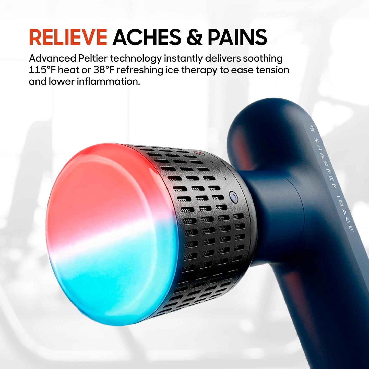 Sharper Image Deep Tissue Percussion Massage Gun, Powerboost Move Evo Hot & Cold Rechargeable Handheld Massager, 4 Adjustable Speeds, 5 Attachment Heads & Carrying Case, for Muscle Pain Relief, Blue