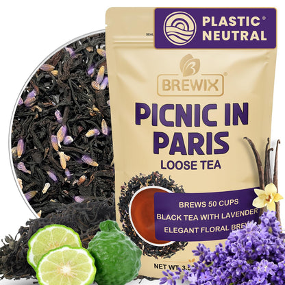 BREWIX Earl Grey Lavender Loose Leaf Tea (50+ Cups, 3.53oz/100g) | London Fog Black Tea with Bergamot & Vanilla | Make a Lavender Tea Latte, Hot or Iced | Calming, Aromatic Gourmet Picnic in Paris Blend