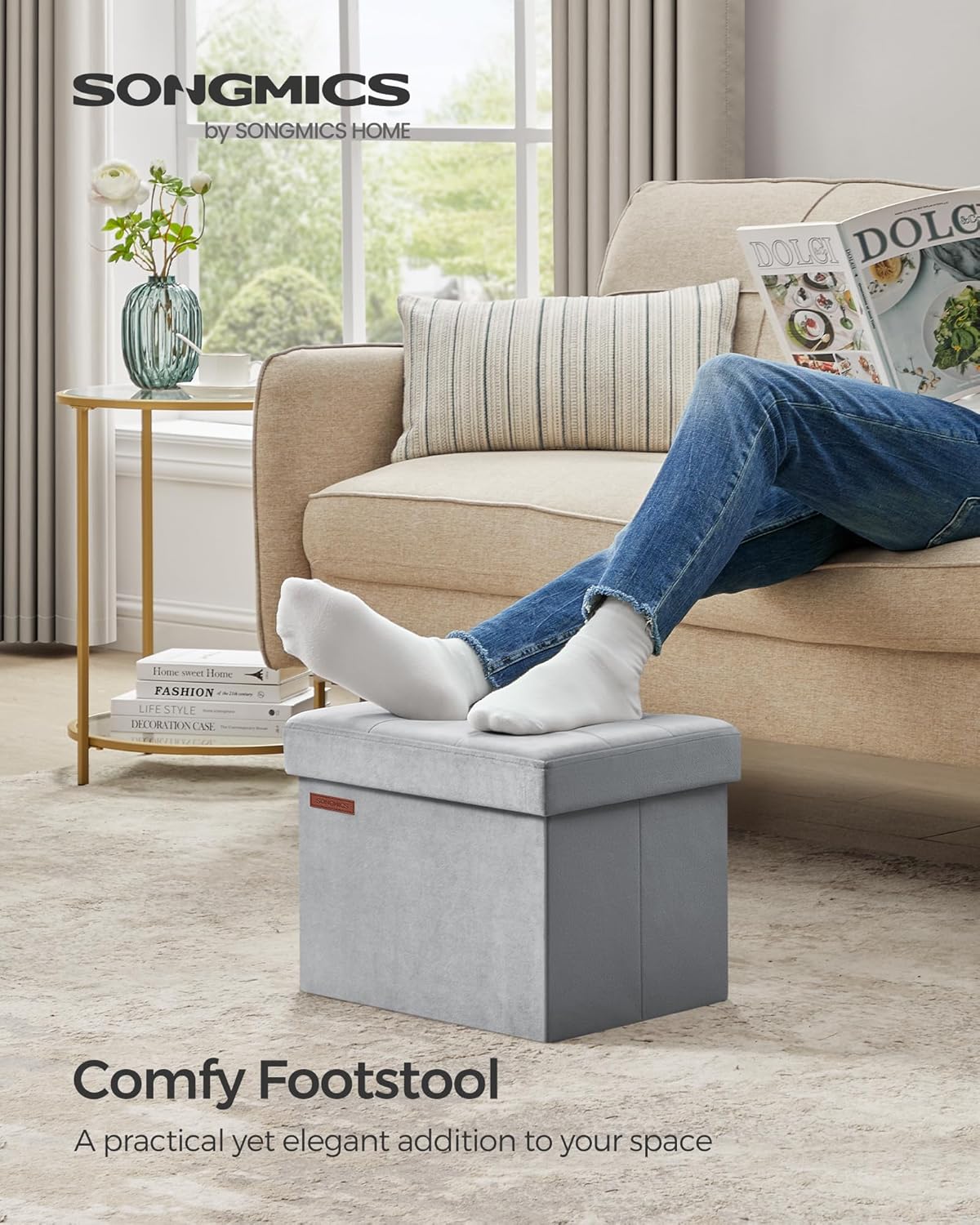 SONGMICS Small Folding Storage Ottoman, Foot Rest Stool, Cube Footrest, Synthetic Leather, 12.2 x 16.1 x 12.2 Inches, 286 lb Capacity, for Living Room, Bedroom, Dorm, Ink Black ULSF100B01