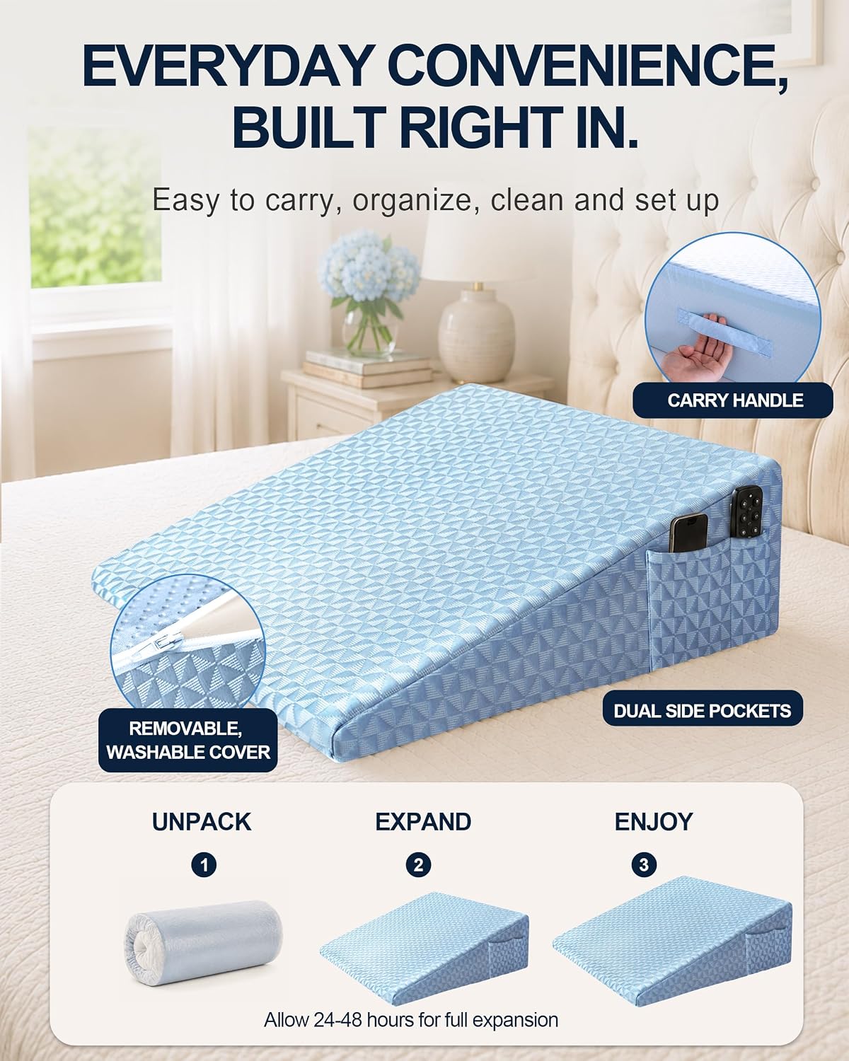 Wedge Pillow for Sleeping, 7.5" Memory Foam Bed Wedge Pillow