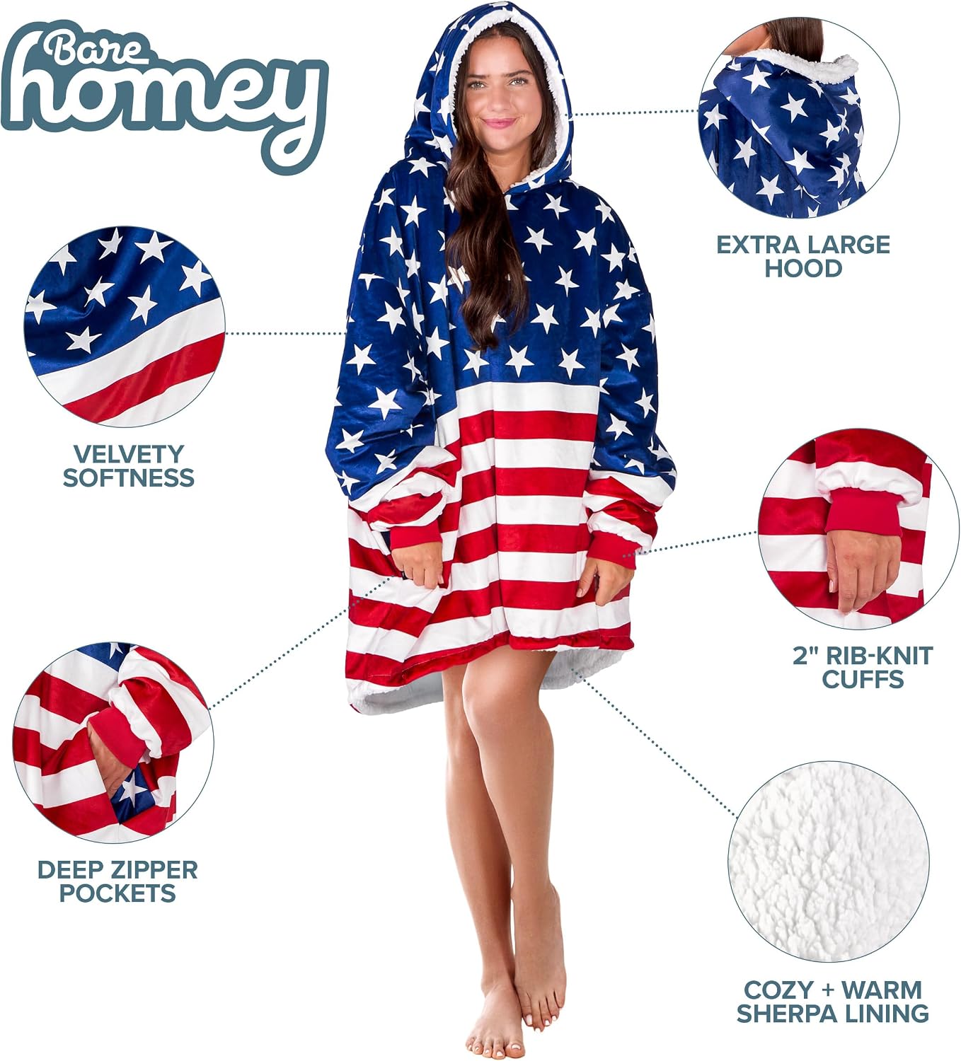 Bare Home Wearable Blanket Hoodie - Soft Plush Sherpa - Warm and Cozy - Oversized Wearable Blanket