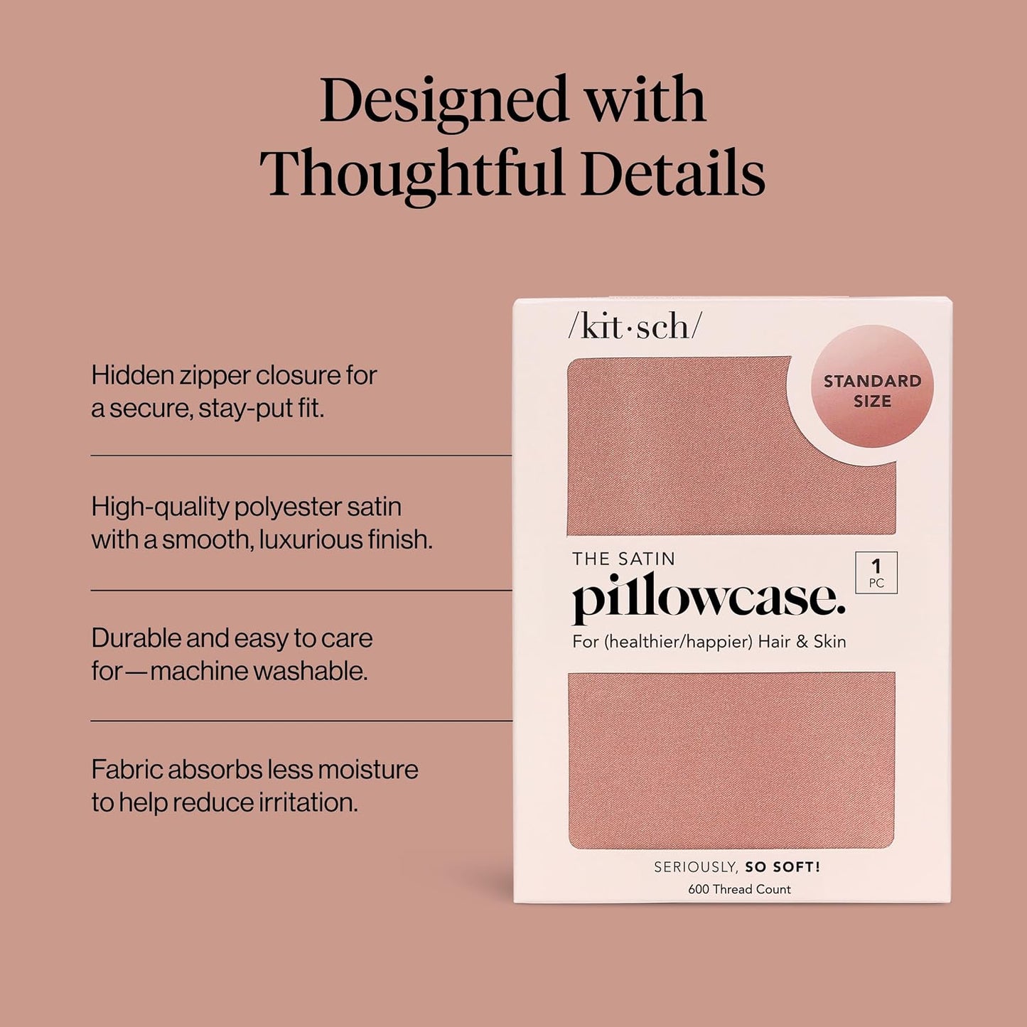 Kitsch Satin Pillowcase with Zipper for Hair & Skin - Softer Than Silk Pillow Cases, Smooth Cooling Satin Pillow Case, Wrinkle-Free, Machine Washable - Pillow Cases Standard Size (19x26) - Blush