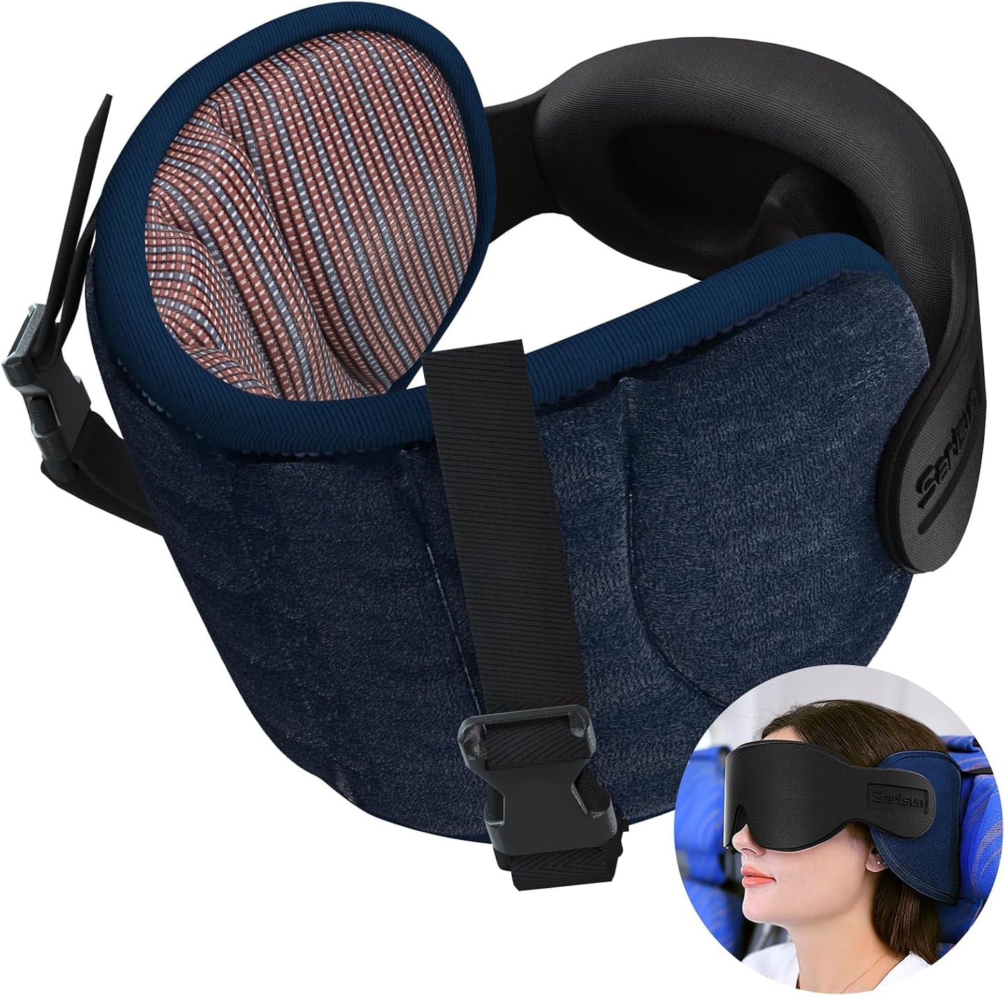 SARISUN Travel Pillows for Airplanes, 360° Stable Support Airplane Pillow with 3D Eye Mask, Headrest Pillow for Long Flight Road Trip Sleep, Stop Bobblehead Travel Essential, Black