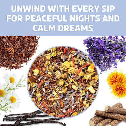 BREWIX Bedtime Blossom Sleep Tea Loose Leaf (50+ Cups) | Caffeine Free Calming Herbal Bedtime Tea with Rooibos, Chamomile and Lavender | Naturally Sweet Night Time Tea | Hot or Iced