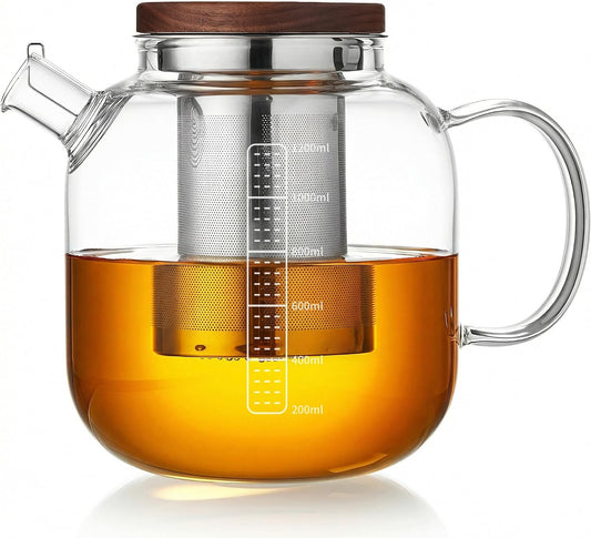 Glass Teapot with Infuser and Lid - 40oz Borosilicate Glass Teapot with Heat-Resistant Handle, Stainless Steel Mesh Infuser for Loose Leaf & Blooming Tea, Stovetop & Microwave Safe