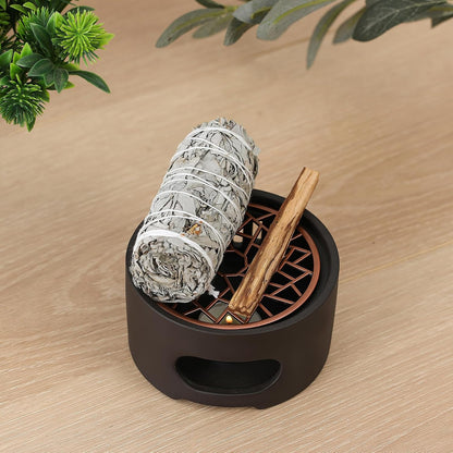 All-in-One Incense Holder for Burning Palo Santo & Sage Sticks & Insence-Stick and Cone & Candle, Lasting Burn Palo Santo & Sage Bundle & Loose Sage Leaves, Ash-Free, Wind-Resistant(Brown)