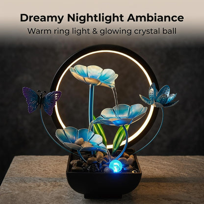 Tabletop Fountain,Indoor Water Fountain,Home Fengshui Décor Zen Relaxation Soothing Sound Machine for Office,Living Room,or Bedroom,Green Lotus,Hummingbird & Pink Flower,9.1inch