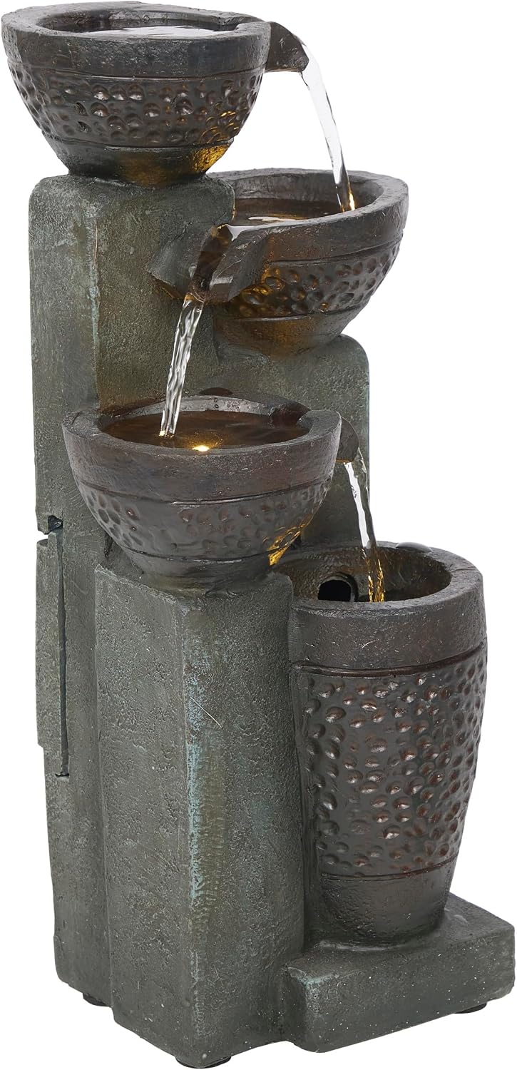 Alpine Corporatio 14" Tall Stoned Jar Cascading Water Fountain with LED Lights, Elegant Tabletop Water Feature for Home, Office, Living Room, and Bedroom Decor, Gray