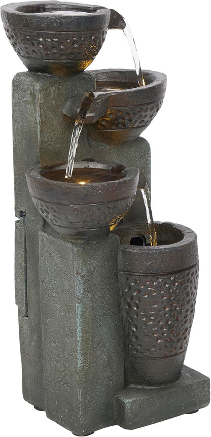 Alpine Corporatio 14" Tall Stoned Jar Cascading Water Fountain with LED Lights, Elegant Tabletop Water Feature for Home, Office, Living Room, and Bedroom Decor, Gray