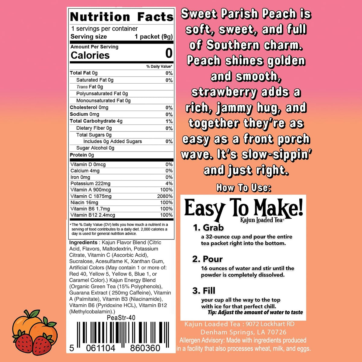 Kajun Loaded Tea Packets – Sweet Parish Peach | Peach & Strawberry Flavor | Sugar Free Energy Tea Powder | 250mg Green Tea Caffeine | Zero Calories | Keto Friendly