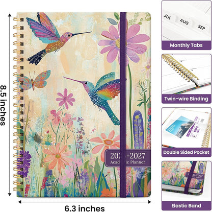 Planner 2026-2027, Academic Monthly and Weekly Calendar Planner for Women, July 2026 - June 2027, Hardcover Pretty Agenda Planner Book with Tabs, Spiral Daily Organizer for School Office Home Supplies, 6.3" x 8.5" - Blue Floral