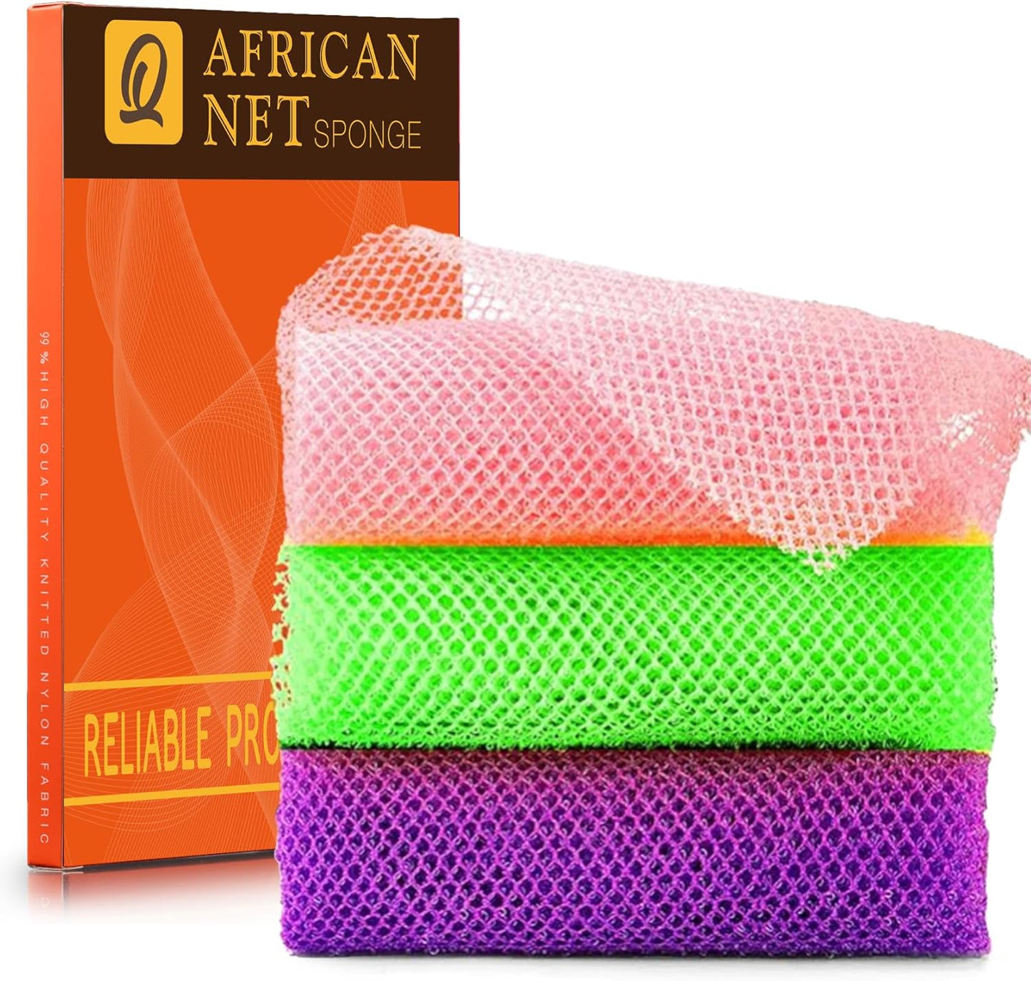UJFQBH 3 Pieces African Bath Sponge African Net Long Net Bath Sponge Exfoliating Shower Body Scrubber Back Scrubber Skin Smoother,Great for Daily Use (Pink,Yellow,Purple)