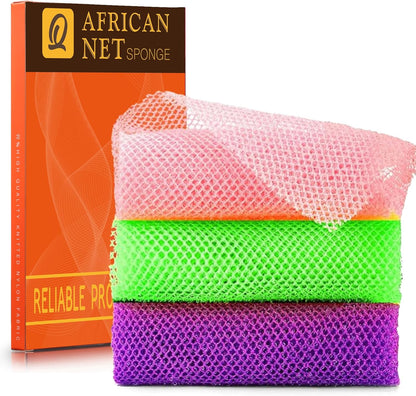 UJFQBH 3 Pieces African Bath Sponge African Net Long Net Bath Sponge Exfoliating Shower Body Scrubber Back Scrubber Skin Smoother,Great for Daily Use (Pink,Yellow,Purple)