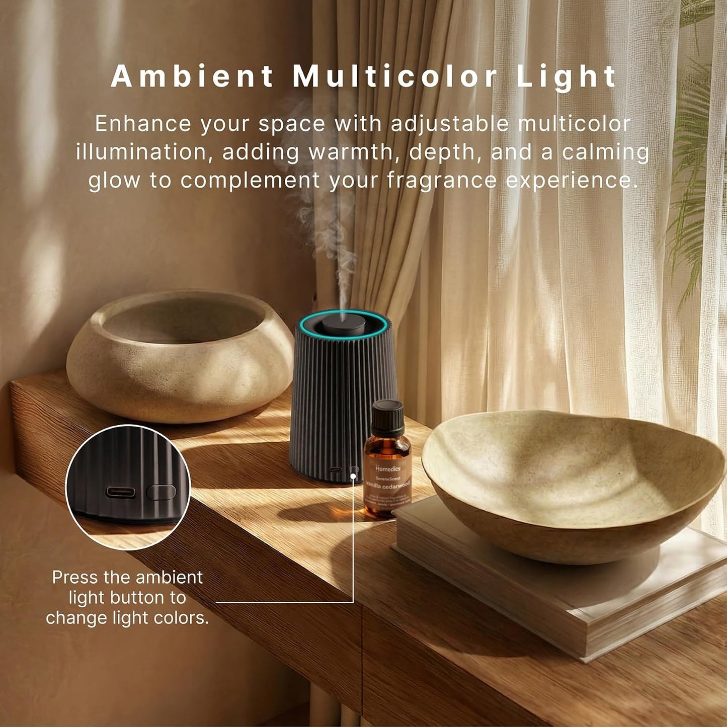 Homedics Waterless Essential Oil Diffuser with 15ml Vanilla Cedarwood Fragrance Oil. SereneScent Cordless Cold Air Scent Diffuser Starter Kit with Ambient Light, Studio 671 (White)