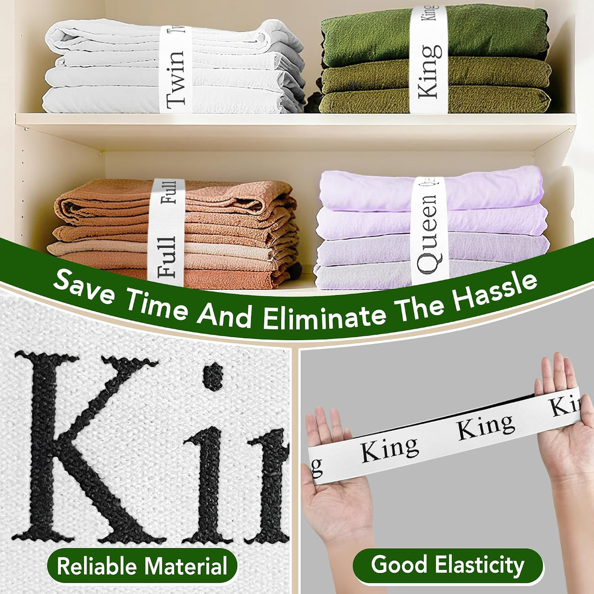 20 Pack Elastic Bed Sheet Organizer Bands with Size Labels，Elastic Bedding Band Labels for Organizing Bed Sheets with Assorted Sizes