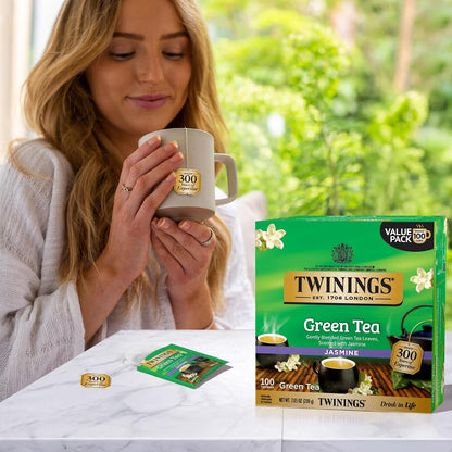 Twinings Green Tea with Jasmine Individually Wrapped Bags, 100 Count (Pack of 1), Fragrant Floral Scent, Caffeinated, Enjoy Hot or Iced, 100 Teabags