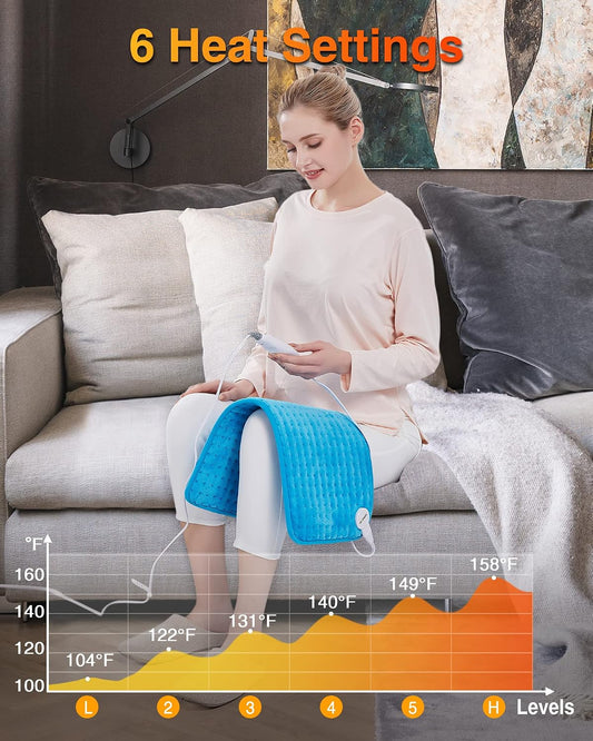 WOOMER Extra Large Heating Pad, 17"x33" XL Heating Pad, Heat Pad with Multi-Color Option, Moist Heat Therapy Feature, Auto Shut-Off, Power Cords Storage Belt, Blue