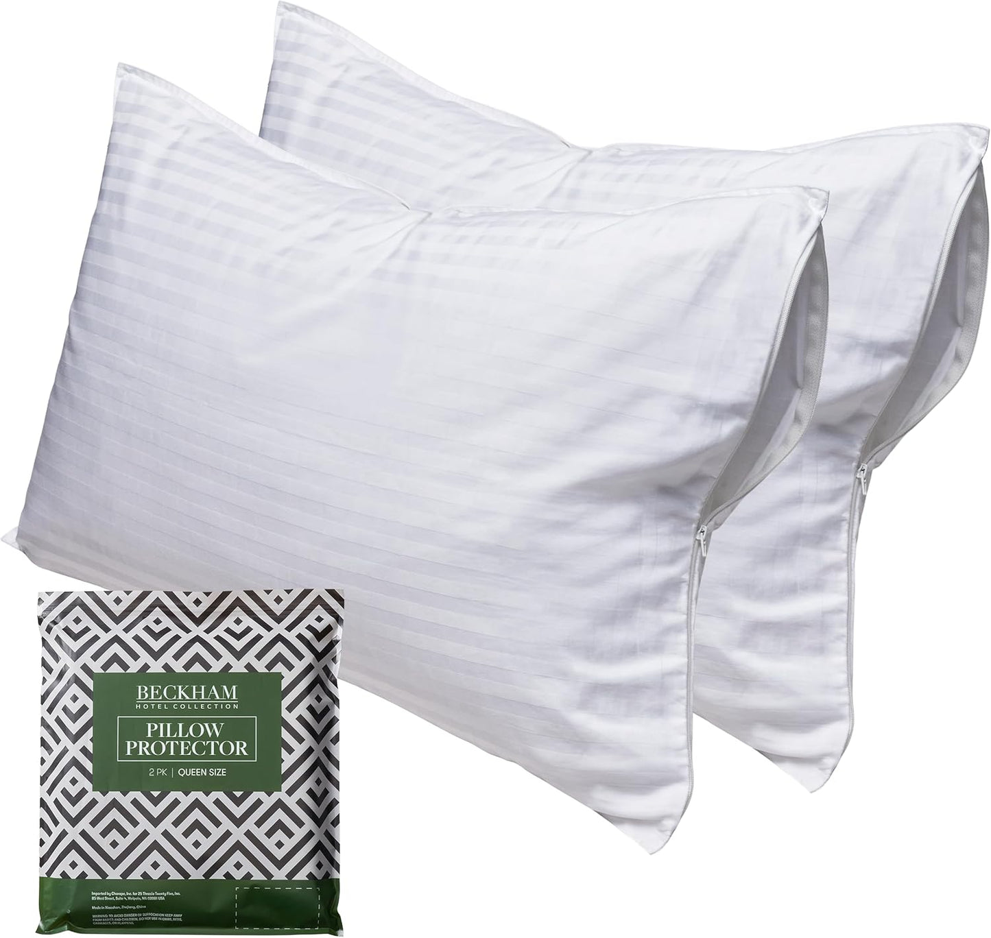 Beckham Hotel Collection Queen Size White Pillow Protector with Zipper Set of 2, Soft and Breathable Cotton Pillow Protector Covers