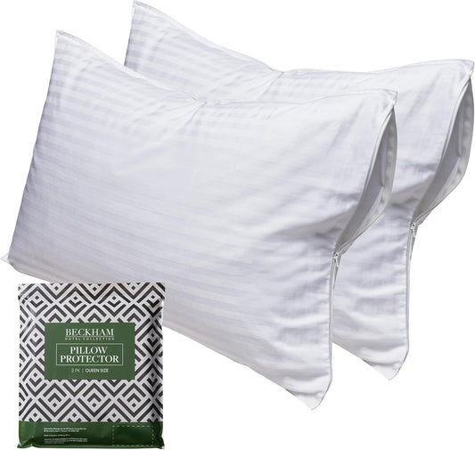 Beckham Hotel Collection Queen Size White Pillow Protector with Zipper Set of 2, Soft and Breathable Cotton Pillow Protector Covers