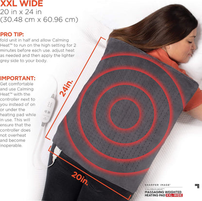 Calming Heat Massaging Vibrations Weighted Heating Pad by Sharper Image | Temperature Settings, Auto Shut-Off Feature, Gift for Holidays, Women & Men | 3 Heat, 6 Massage, 12” x 24”, 4 lbs
