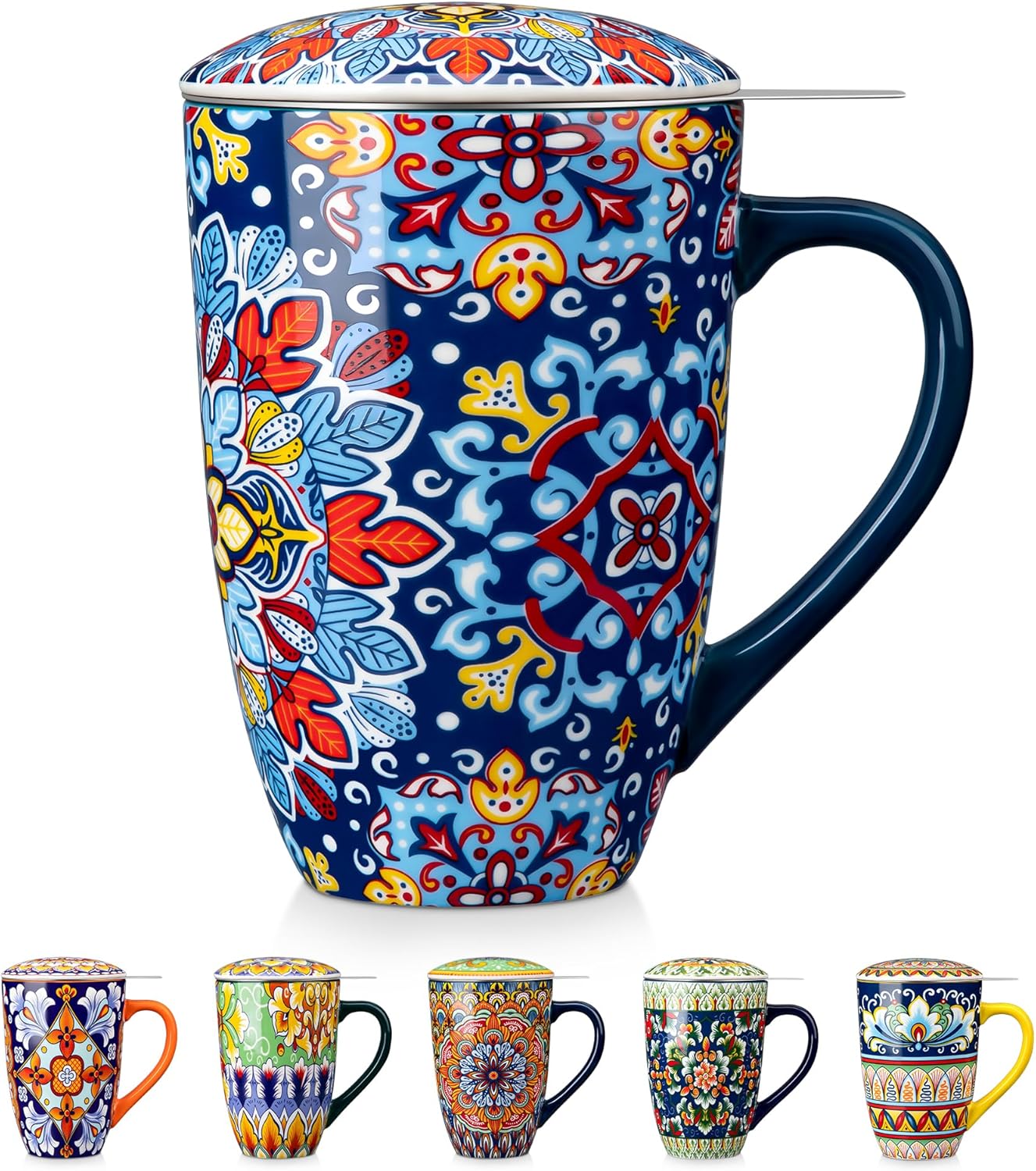 vancasso Ceramic Tea Mug with Infuser and Lid, 18 Ounce Bohemian Loose Leaf Cup, Microwave & Dishwasher Safe, Perfect for Tea, Coffee, Burnt-Cobalt Mandala