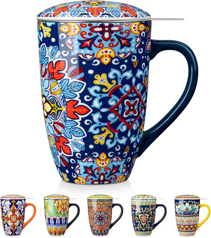 vancasso Ceramic Tea Mug with Infuser and Lid, 18 Ounce Bohemian Loose Leaf Cup, Microwave & Dishwasher Safe, Perfect for Tea, Coffee, Burnt-Cobalt Mandala