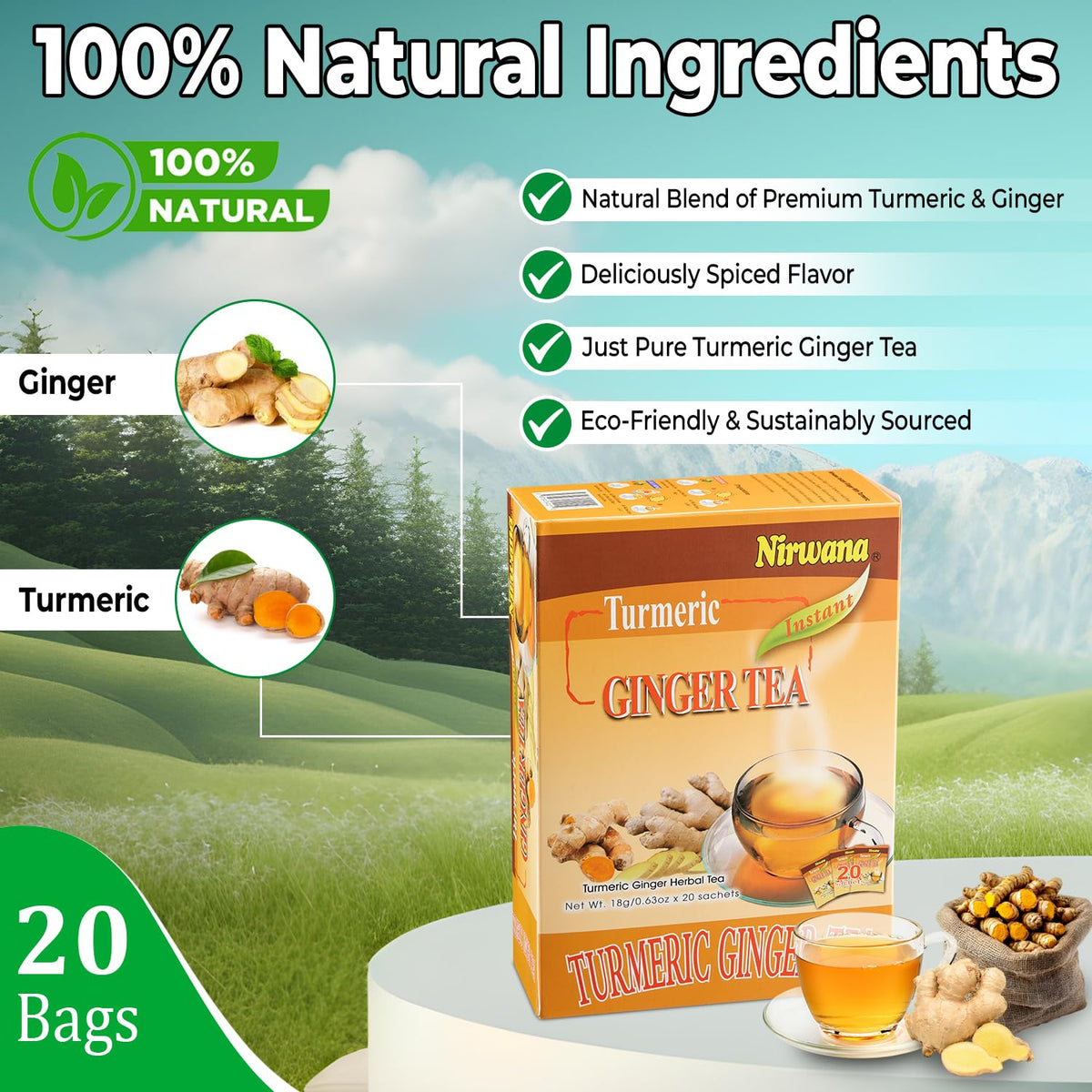 Turmeric Ginger Tea – Warming Herbal Blend with Spices – Soothing & Aromatic Loose Leaf or Tea Bags 20 Sachets