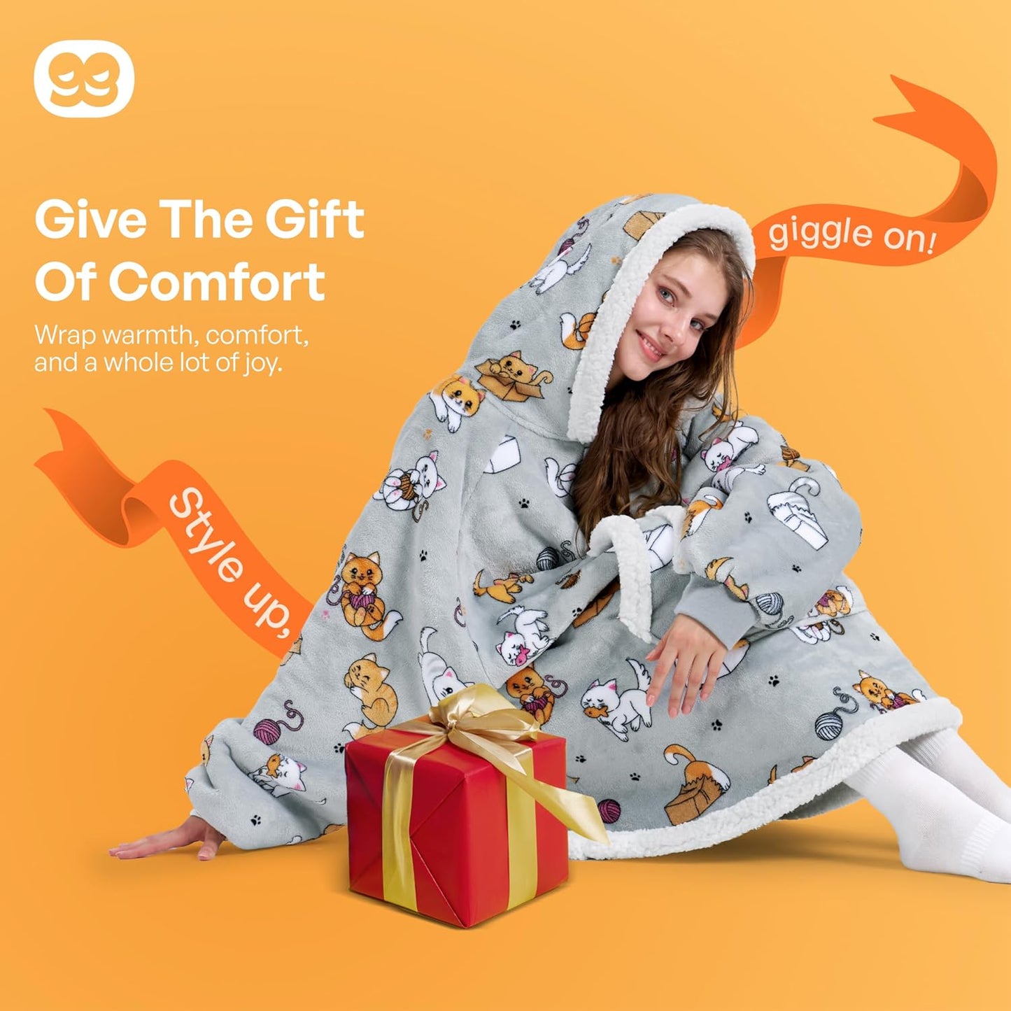 Giggling Getup Wearable Blanket Hoodie for Adults Gifts for Teen Girls Sister Women Sherpa Fleece Printed Hooded Blanket Sweatshirt Warm Cozy with Pocket & Sleeves Beige Cat