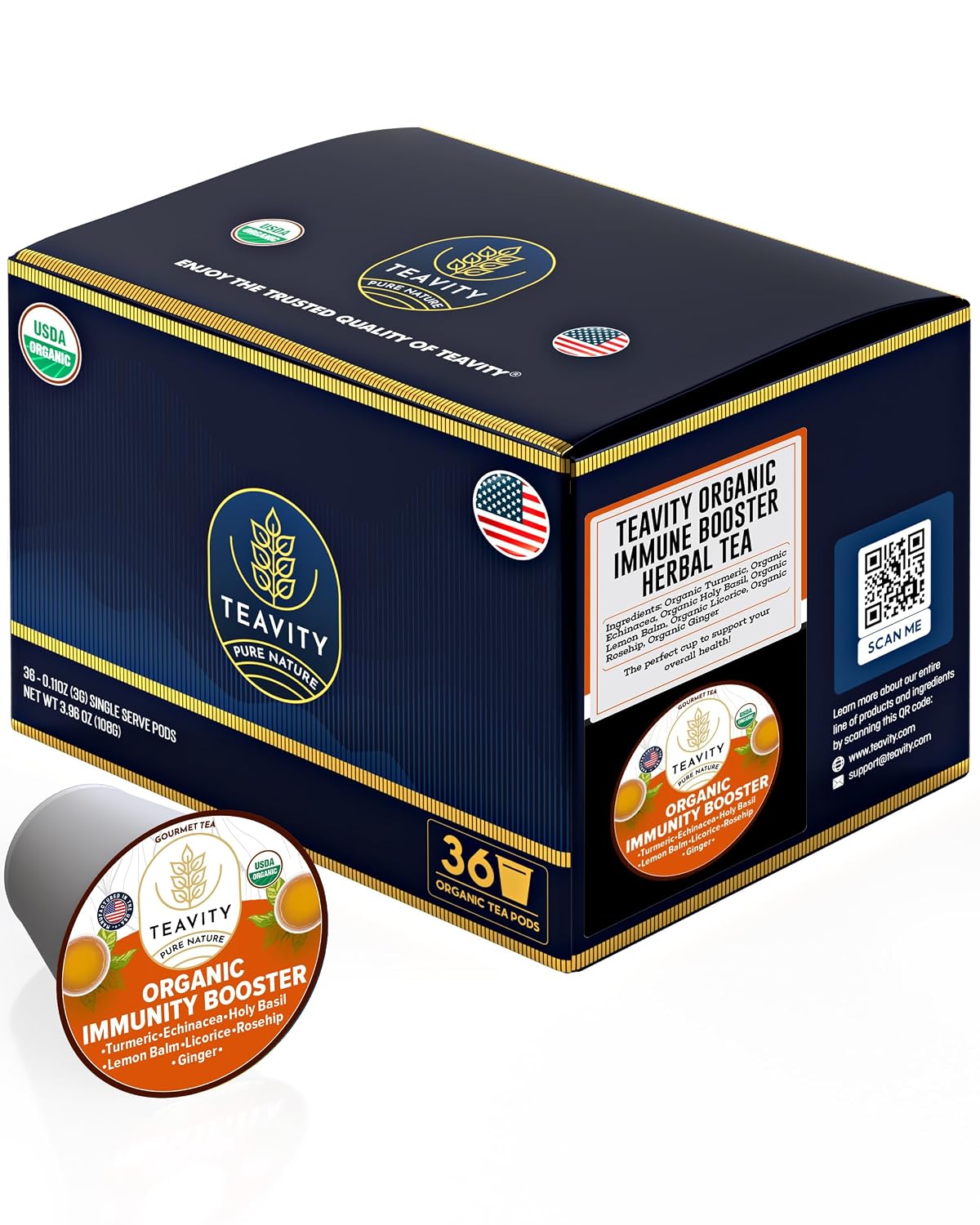Organic Ginger Tea Pod with Echinacea, Turmeric, and Licorice for Keurig, Decaf by Teavity (12 Tea Pods)